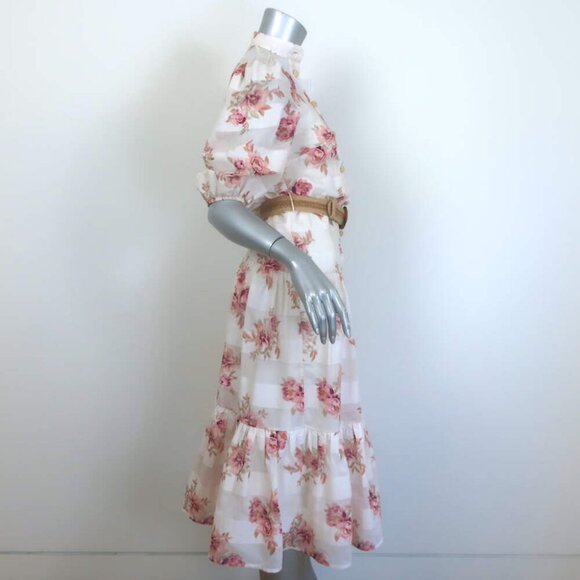 Zimmermann Rosa Striped Belted Tiered Midi Dress Cream Floral Print Size 0 - Picture 5 of 8